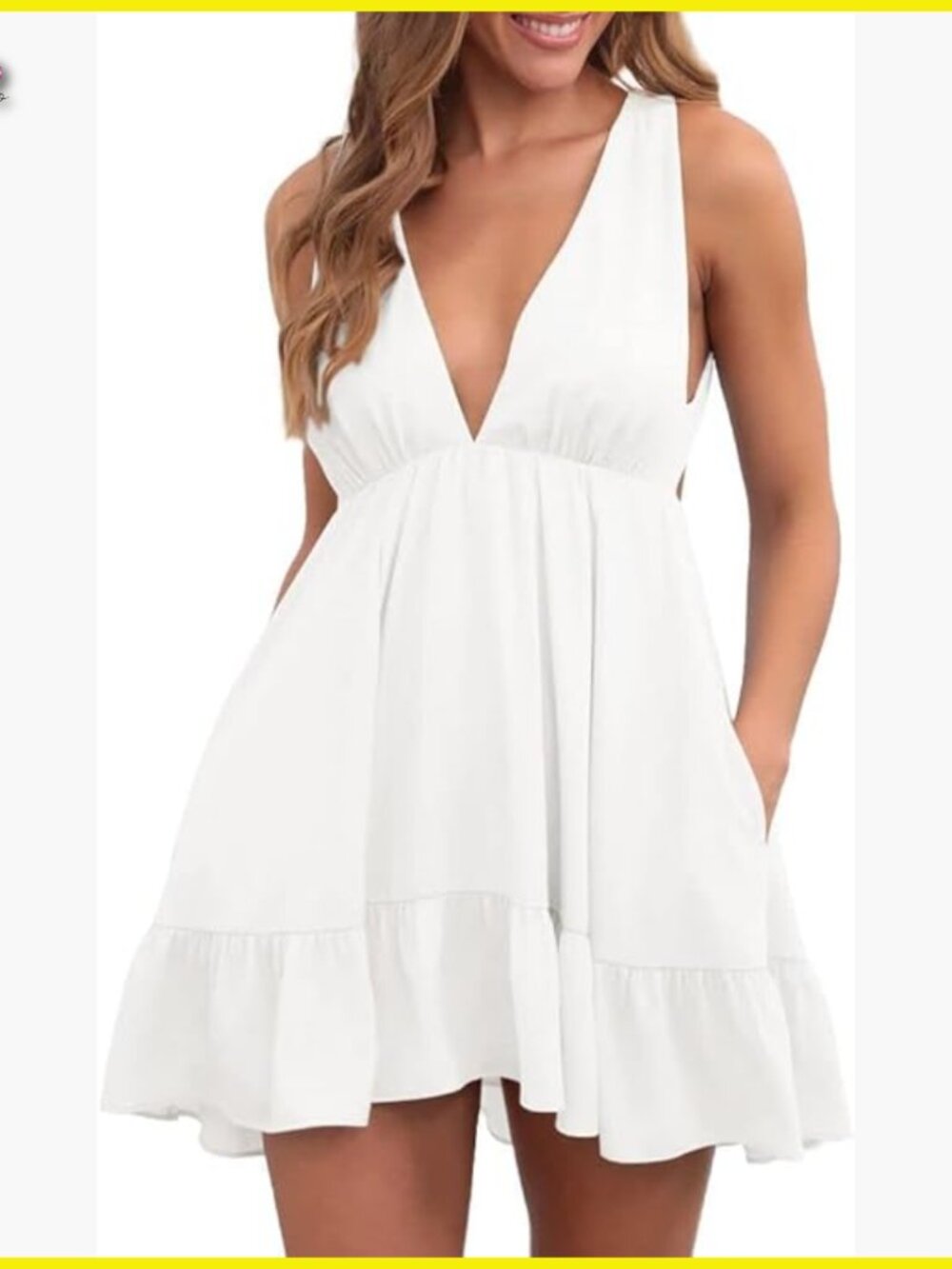 Summer Mini Dress Loose Ruffle Deep V-Neck Backless Casual with Pockets